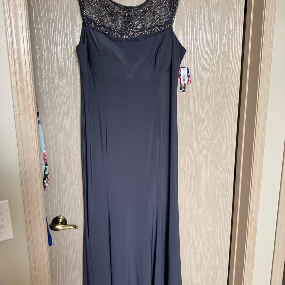 R&M Richards Charcoal Maxi Dress with Embellished Neckline